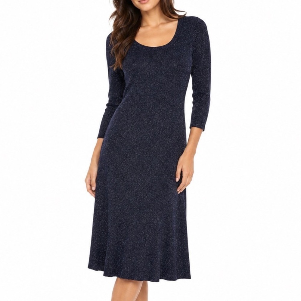 Anthropologie Navy Blue Metallic Ribbed Knit Scoop Neck Midi Dress Size Medium